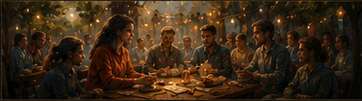 A warmly lit community table where people share food, attention, and practical support.
