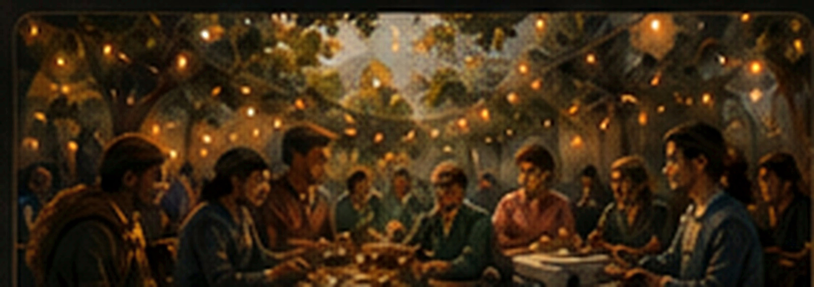 Neighbors gathered beneath warm lights around a shared community table.