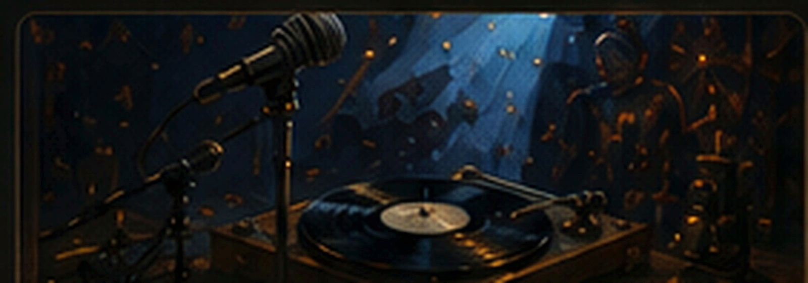 A listening room with a microphone, a turntable, and blue stage light waiting for the first note.